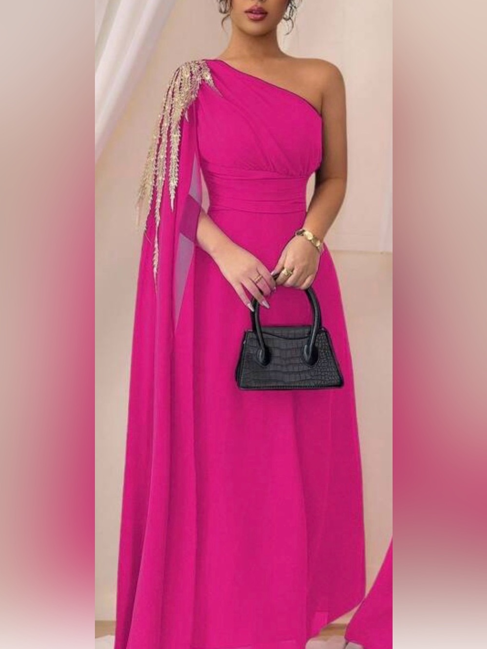 SHEIN Hot Pink One-Shoulder Evening Gown with Gold Embellishment M
